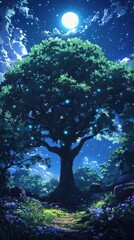 Fototapeta premium Enchanting Moonlight Illuminates Glowing Forest Tree