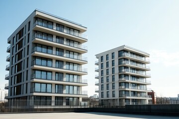 Two modern apartment buildings on a sunny day.