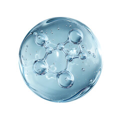 A transparent circular liquid bubble with a blue center skin care
