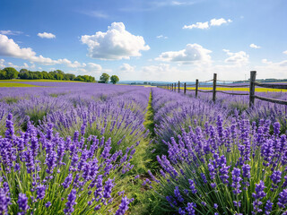 Tranquil Lavender Field in Full Bloom Against English Countryside