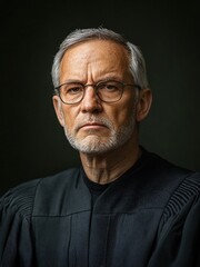 Obraz premium Portrait of a serious senior male judge in a black robe.