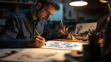 Artist sketching detailed storyboards in studio