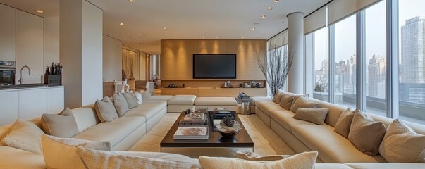 Naklejka premium Contemporary room with large sectional sofa, lcd tv panel, neutral tones, and modern decor accents. Minimalist home interior design of modern living room.