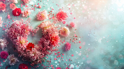 Beautiful floral arrangement in heart shape with pink and red flowers, petals scattered on soft blue background, creating romantic and cheerful atmosphere