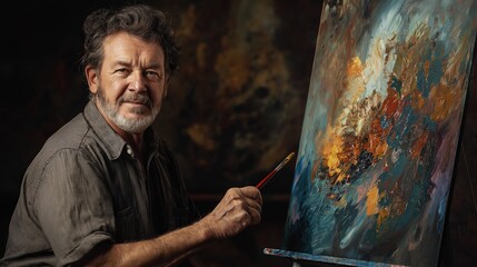 Artist showcasing vibrant abstract painting technique