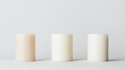 Simple Candle Elegance: Three unscented pillar candles, each with a distinct shade of cream, arranged in a row. The candles are unlit, with a subtle texture.