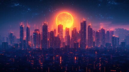 Fototapeta premium Futuristic Cityscape Under a Giant Orange Moon