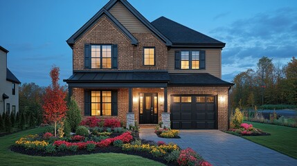 Luxury Brick Home at Dusk: A Serene Suburban Haven