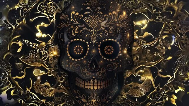 Black skull with gold filigree patterns, set against a dark background, representing luxury and intricate Day of the Dead craftsmanship. ai