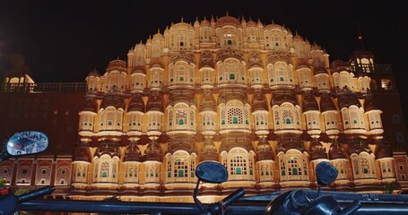 Hawa Mahal Palace In Night Illuminations. Palace Of Winds. Built From Red And Pink Sandstone. Maharaja Sawai Pratap Singh Built This Palace In 1799. Very Unique As It Has Many Small Windows And