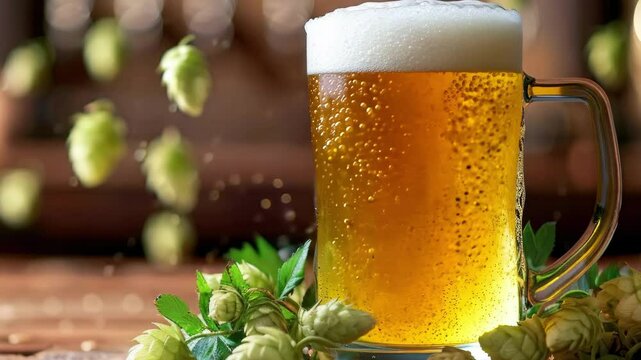 Realistic illustration of a beer mug with foam, surrounded by hops and leaves, set on a wooden table in an indoor setting. AI