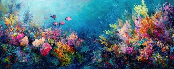 coral reef, ocean, underwater scene, colorful, artistic representation of marine life, vibrant colors, textured surfaces, abstract ocean ecosystem, pastel backdrop, marine biodiversity