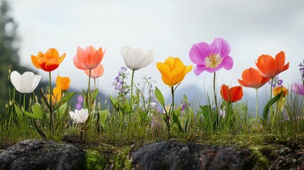 Colorful flowers blooming in a natural landscape setting.