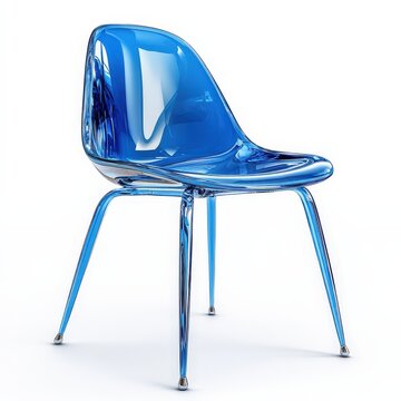 A 3D rendering of a single, modern, transparent blue chair against a white background.