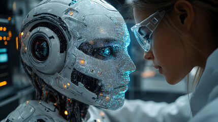 a woman looking at a robot in a room