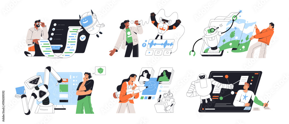 Aufkleber neural networks abilities concept set. people create art, music, programming with artificial intelli