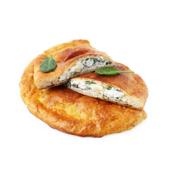 Tasty calzones with cheese and basil isolated on white