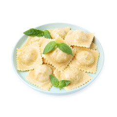 Delicious ravioli with cheese and basil isolated on white