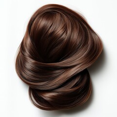 Close-up of a pile of long, shiny, brown hair against a white background.