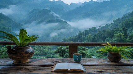 Serene workspace featuring open notebook, coffee mug, and fern on rustic table with mountain view