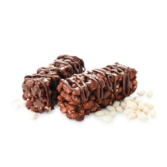 Delicious chocolate puffed rice bars isolated on white
