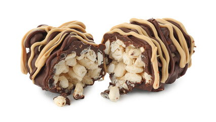 Pieces of delicious chocolate puffed rice bar isolated on white