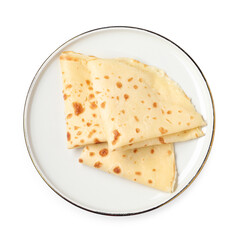 Delicious folded crepes isolated on white, top view