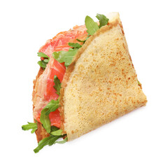 Delicious crepe with salmon and arugula isolated on white, top view