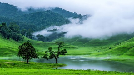 Misty Mountain Lake Landscape