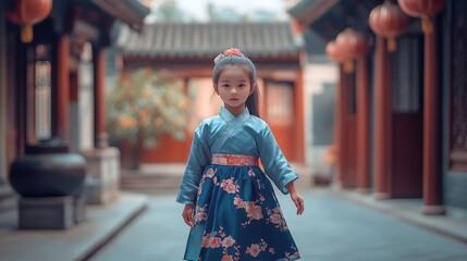 Fototapeta premium Young Girl in Traditional Chinese Dress: A charming young girl, elegantly dressed in a beautiful traditional Chinese Hanfu, stands poised in a serene courtyard setting.