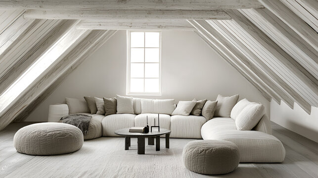 Fototapeta Attic minimalist sofa, relaxation,  light, interior design, home decor
