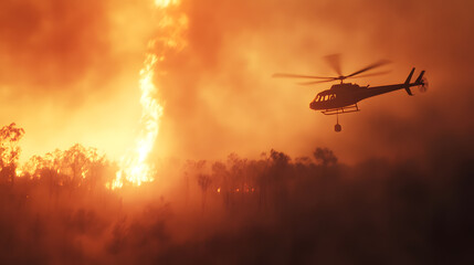 A vast forest fire scene illuminated by bright flames consuming the vegetation. A helicopter with a dangling water bucket approaches the blaze, the intense heat and swirling smoke creating a chaotic