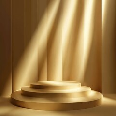 Vertical podium design with gold fragmented layers, modern shadow play, and ambient glowing tones, refined elegance