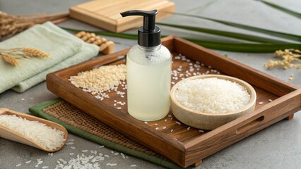Homemade healthy rice water  natural toner for skin and hair care Eco cosmetics Flat lay composition with rice water and ears of rice Natural cosmetics product background Earth tones 