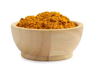 Turmeric powder in bowl isolated on white