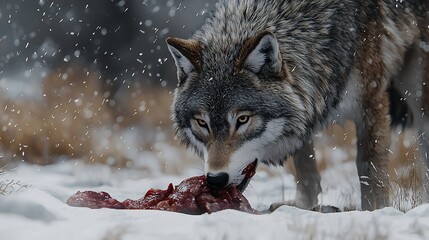 Obraz premium Gray wolf feeding on bloody prey in snowy forest.