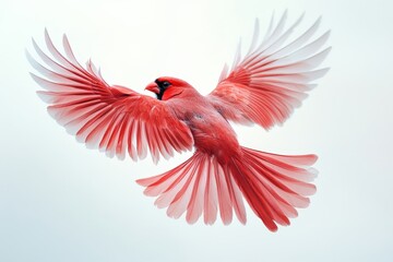 Fototapeta premium A vibrant red Northern Cardinal in flight against a bright white background, its wings fully extended.