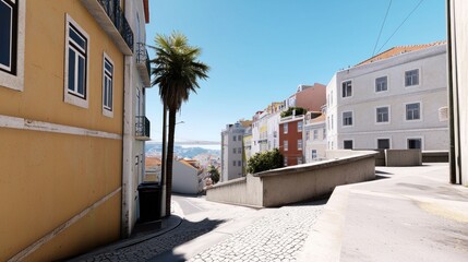 Sunny City Street with Palm Tree