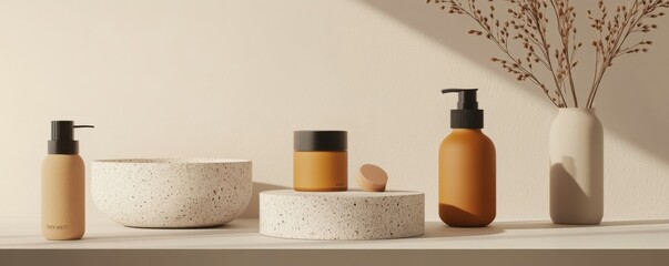 Naklejka premium Cosmetic Bottles Scene Mockup