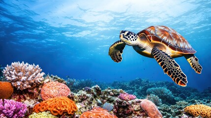 A sea turtle swimming over vibrant coral reefs in clear waters.