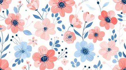 A seamless floral pattern with pink flowers and leaves, perfect for wallpaper, textile, or fabric design white background