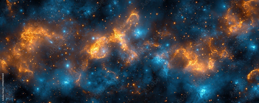 Wall mural cosmic background, abstract design with glowing blue and orange particles, creating a sense of depth