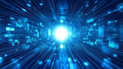 Abstract blue digital background with bright light beams converging towards the center.