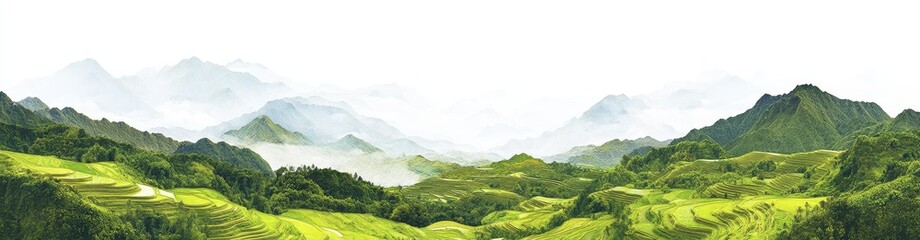 Obraz premium Misty mountain landscape with lush green valleys and terraced fields.
