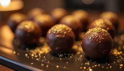 Gourmet chocolate truffles with gold flakes on elegant tray, luxury dessert concept