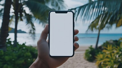 Naklejka premium hand holding phone with beach background