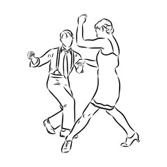 Couple in love dancing and having fun, hand drawn outline illustration. swing dance. vector
