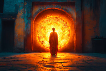 Ancient gates of Shambhala with engraved symbols, illuminated by soft sunlight. A scene full of mysticism