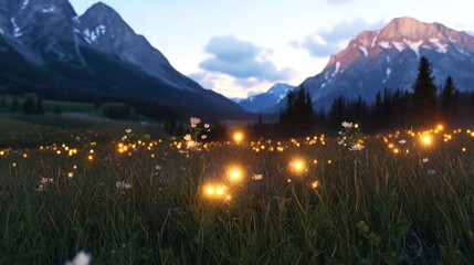 Serene mountain landscape with blooming flowers at sunset.