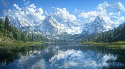 Fototapeta premium Majestic Snow-Capped Mountains Reflected in a Serene Lake Under a Blue Sky